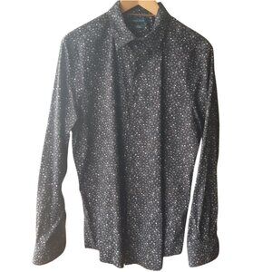 Perry Ellis SZ M Black w/ White & Salmon Print Men's Button Up Cotton Shirt